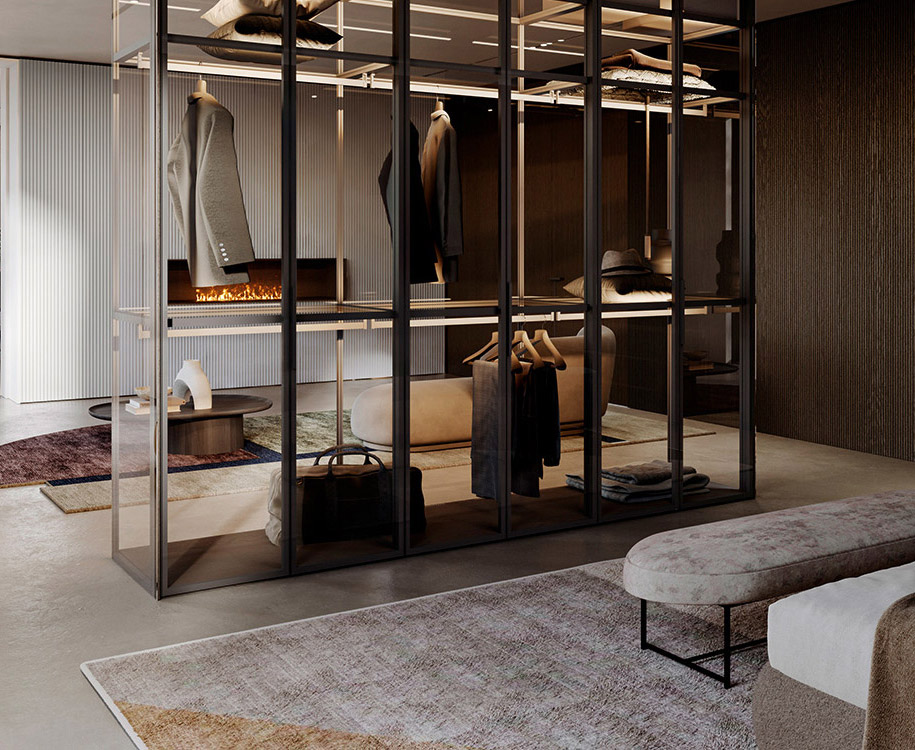 modern wardrobe with aluminum frames in the middle of a bedroom